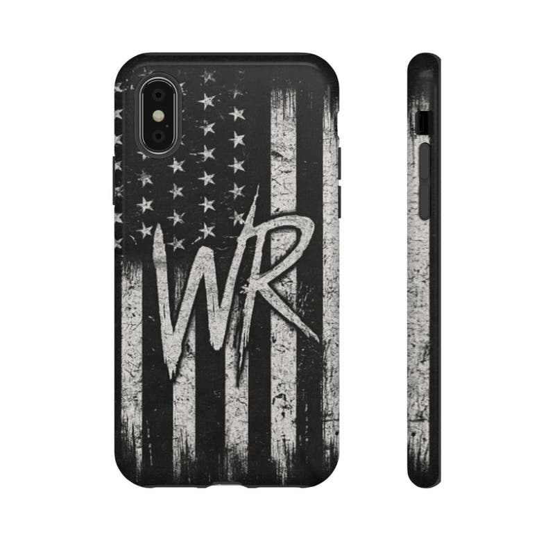 Distressed American flag phone case featuring a custom WR monogram by Printify, designed for durability and style.