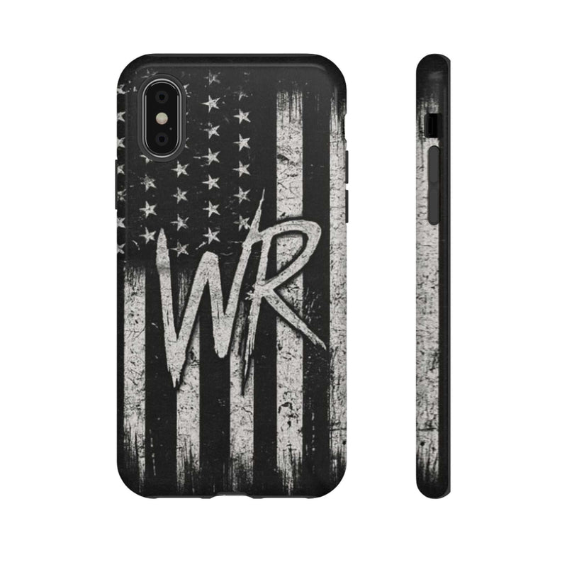 Distressed American flag phone case featuring a custom WR monogram by Printify, designed for durability and style.