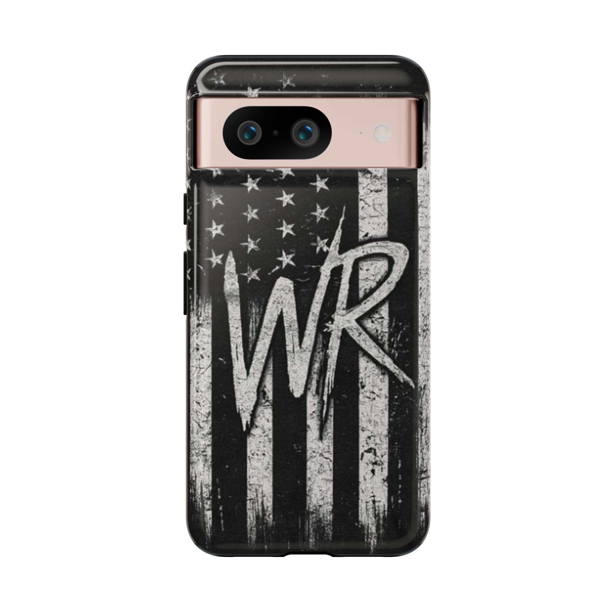 Distressed American flag design on a Patriotic Monogram Tough Phone Case featuring the initials WR by Printify.
