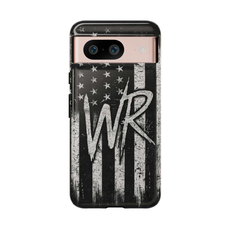 Distressed American flag design on a Patriotic Monogram Tough Phone Case featuring the initials WR by Printify.