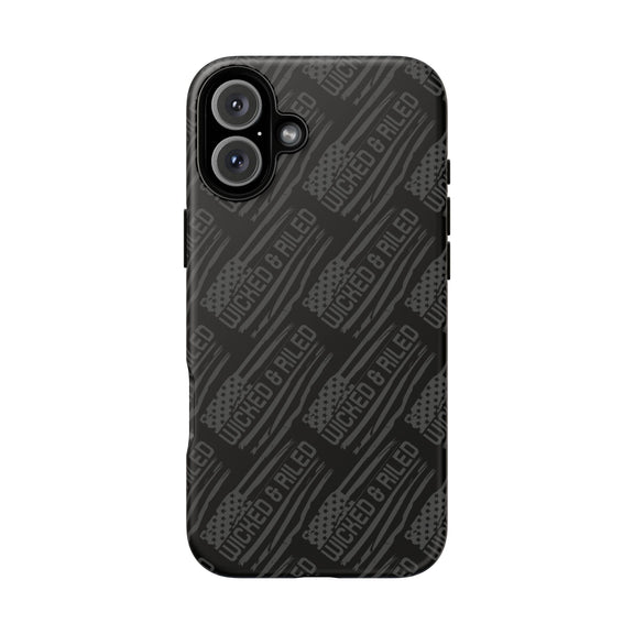 Rugged black protective phone case by Printify with a textured "TOUGH CASES" pattern for enhanced grip and durability.