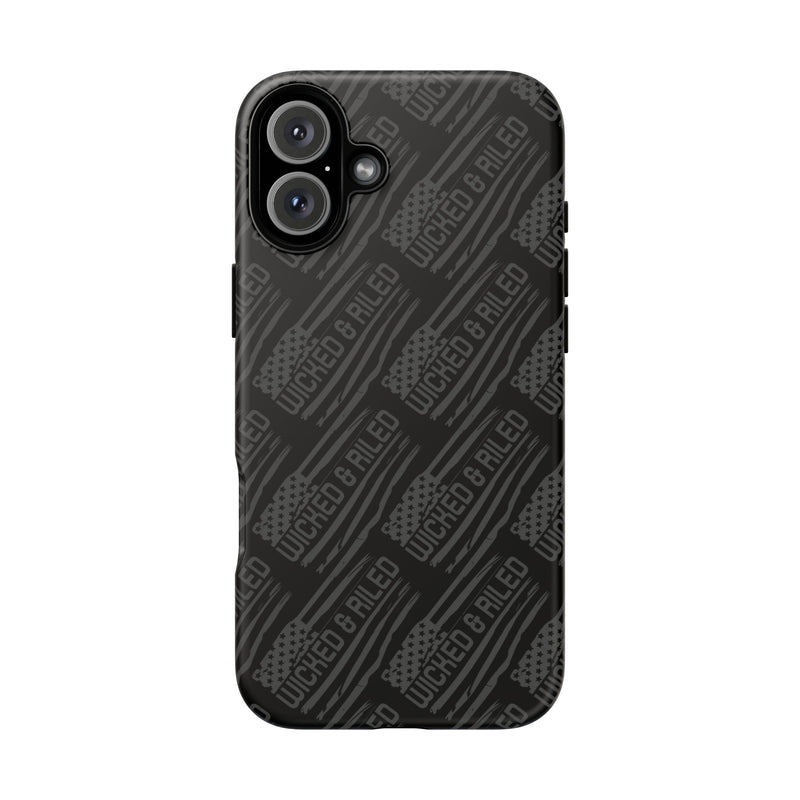 Rugged black protective phone case by Printify with a textured "TOUGH CASES" pattern for enhanced grip and durability.