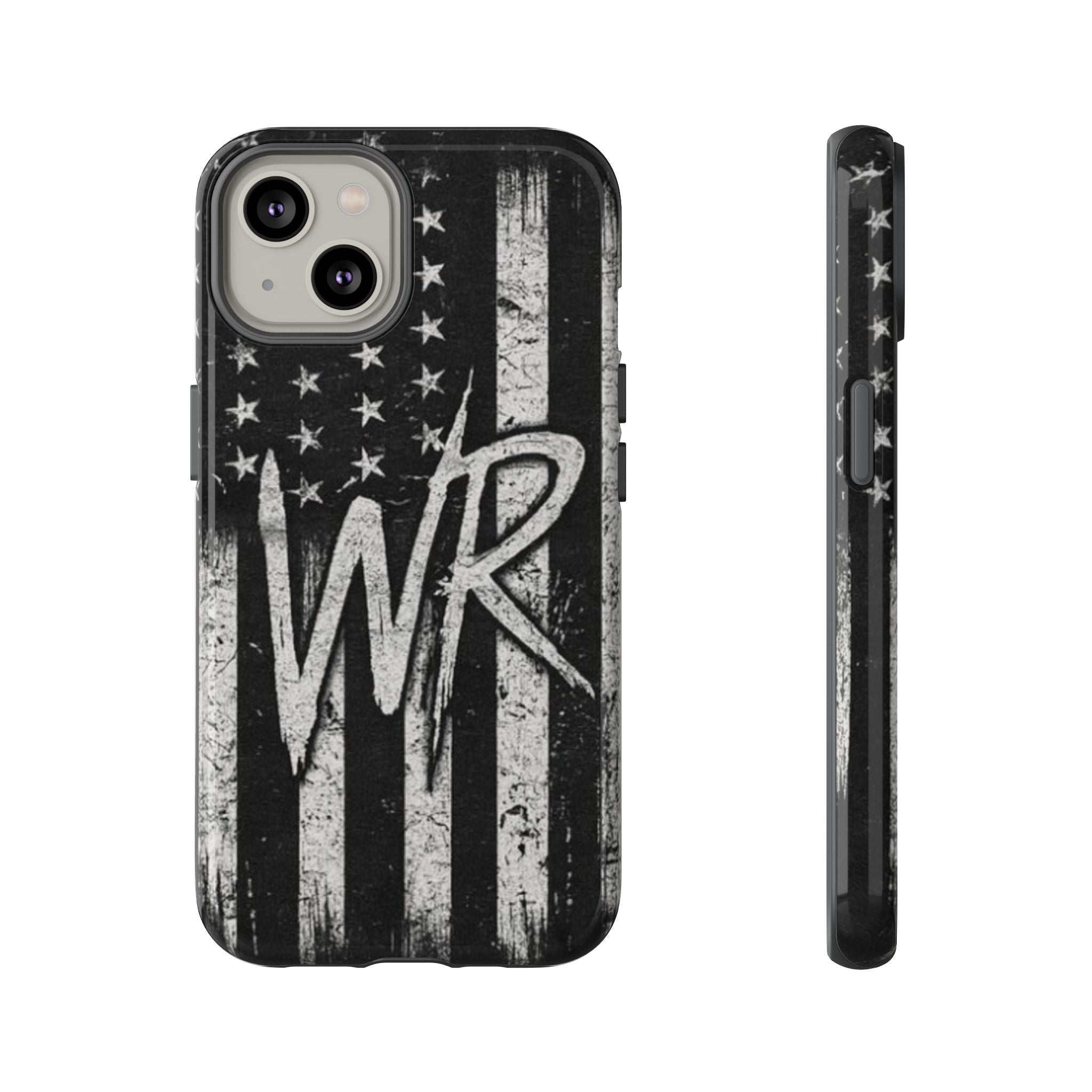 Distressed American flag phone case featuring a monogram "WR" by Printify, designed for tough protection.