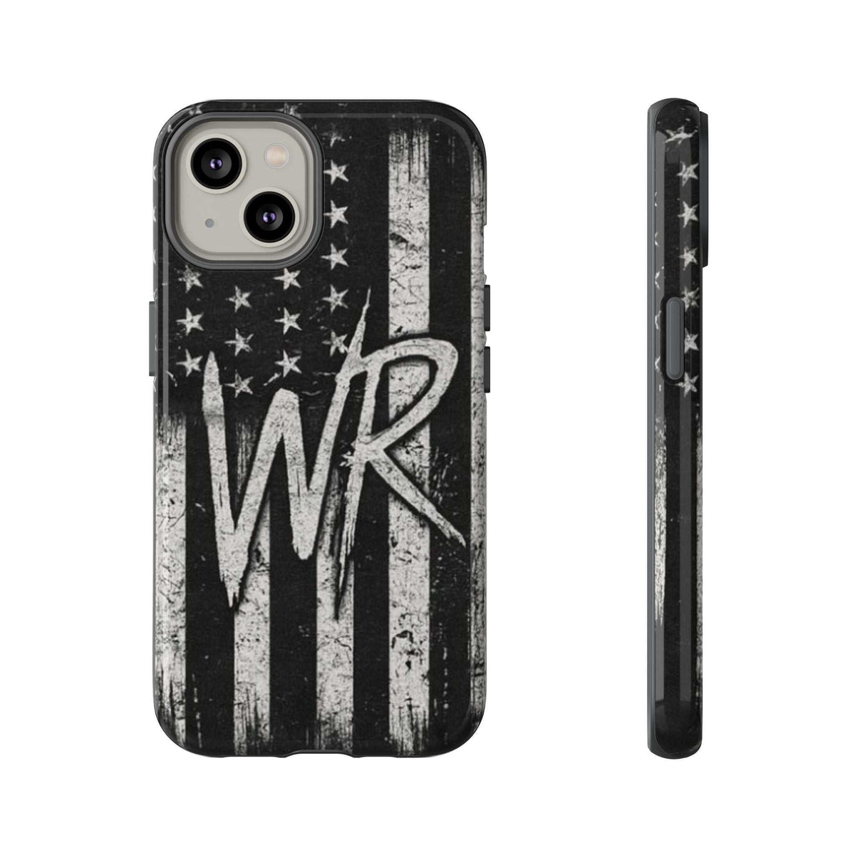 Distressed American flag phone case featuring a monogram "WR" by Printify, designed for tough protection.