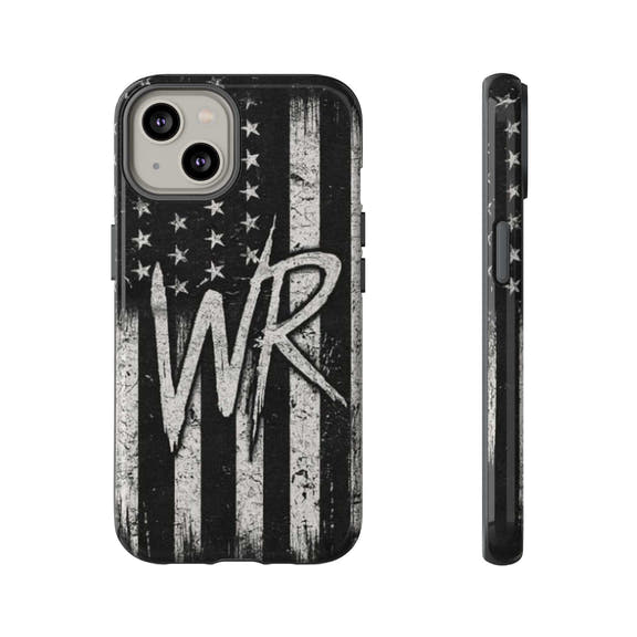 Distressed American flag phone case featuring a monogram "WR" by Printify, designed for tough protection.