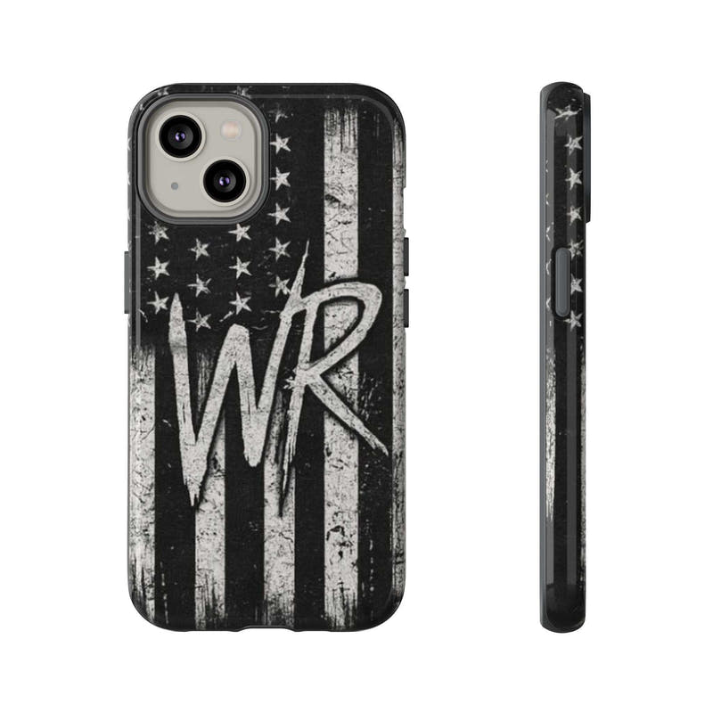 Distressed American flag phone case featuring a monogram "WR" by Printify, designed for tough protection.