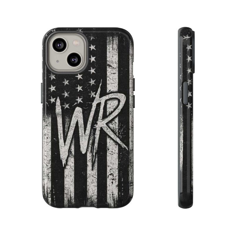 Distressed American flag phone case featuring a monogram "WR" by Printify, designed for tough protection.