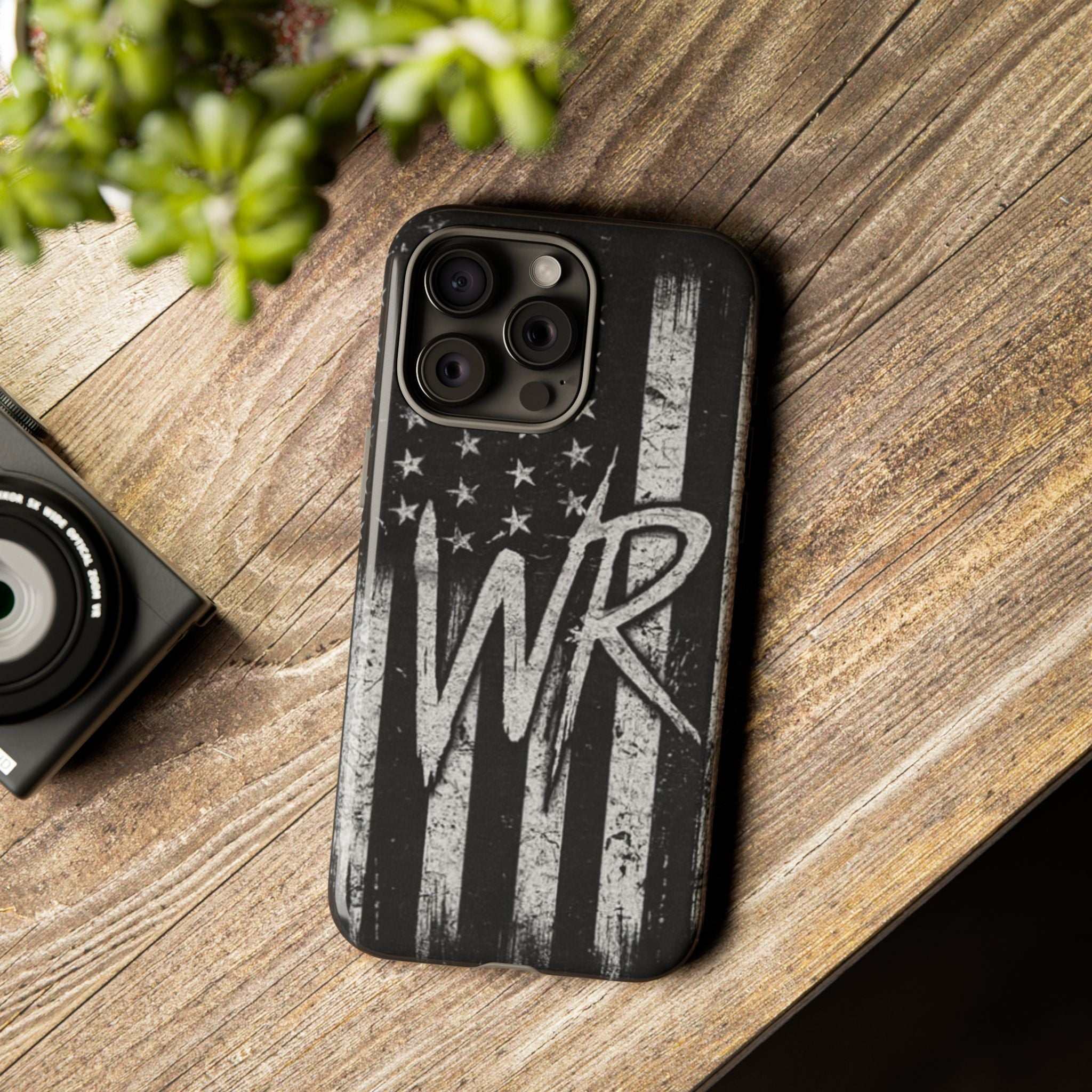 Distressed American flag phone case featuring a monogram "WR" from Printify, designed for durability and style.