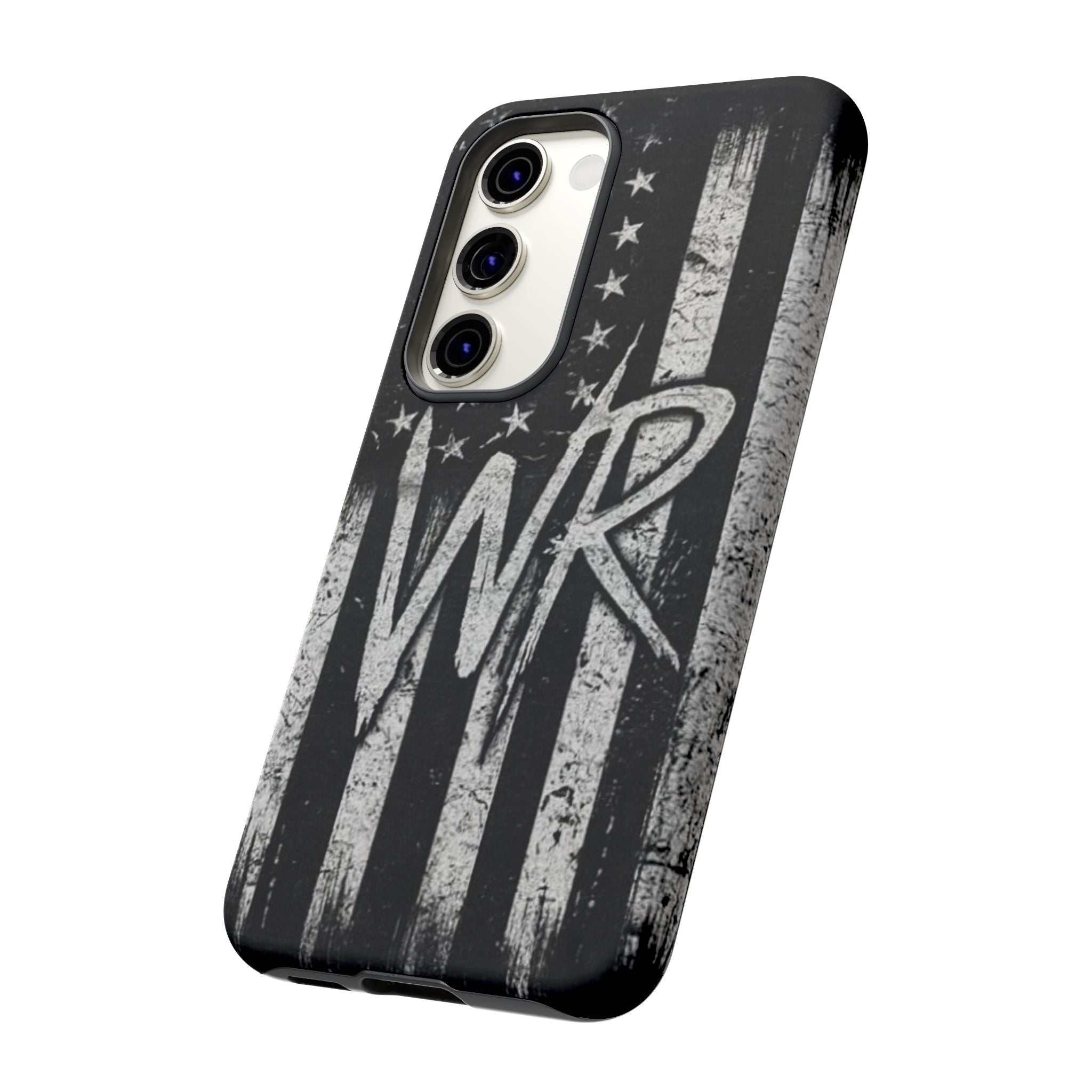 Distressed American flag design on a Patriotic Monogram Tough Phone Case featuring initials WR by Printify.
