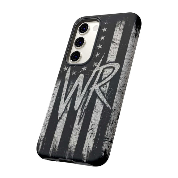 Distressed American flag design on a Patriotic Monogram Tough Phone Case featuring initials WR by Printify.