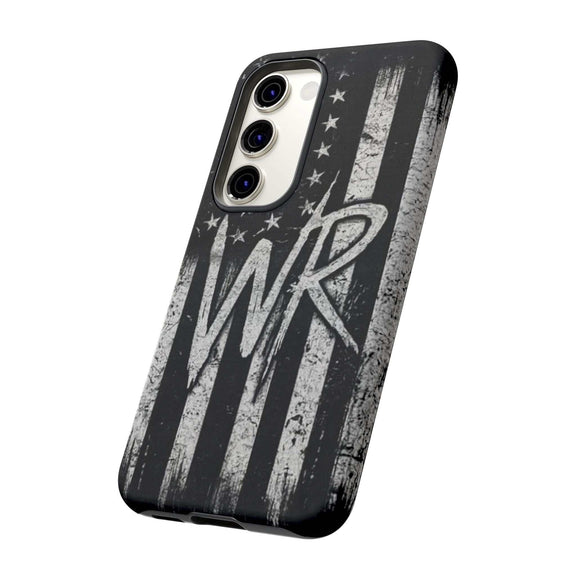 Distressed American flag design on a Patriotic Monogram Tough Phone Case featuring initials WR by Printify.