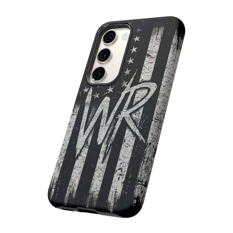 Distressed American flag design on a Patriotic Monogram Tough Phone Case featuring initials WR by Printify.