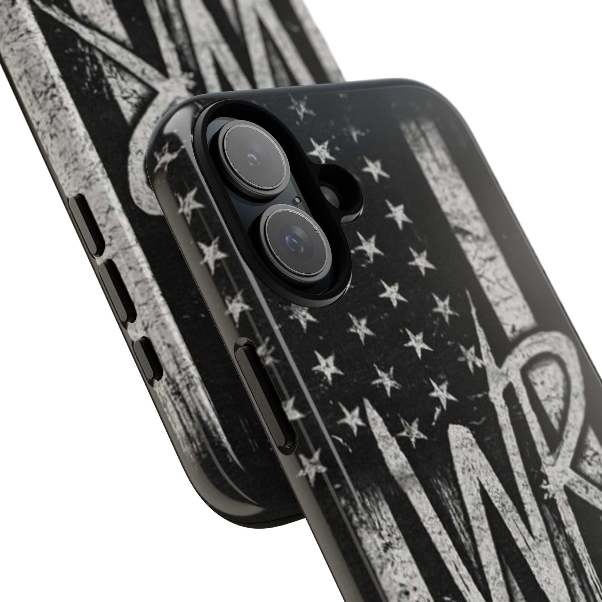 Distressed American flag phone case featuring a monogram with WR, designed by Printify.