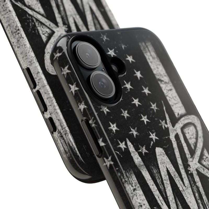 Distressed American flag phone case featuring a monogram with WR, designed by Printify.