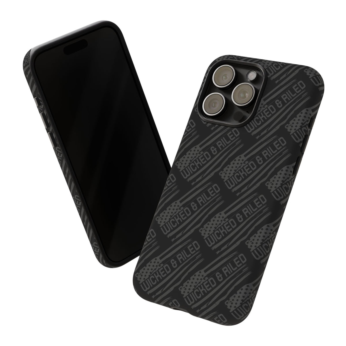 Rugged black protective phone case by Printify with textured TOUGH CASES pattern, showcasing durability and style.