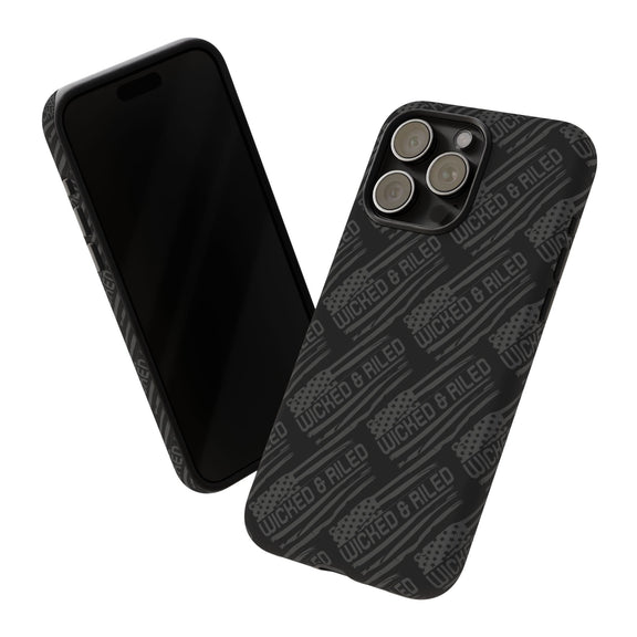 Rugged black protective phone case by Printify with textured TOUGH CASES pattern, showcasing durability and style.