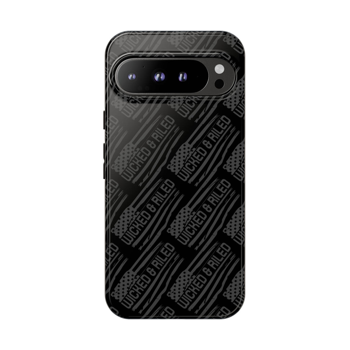 Rugged black protective phone case by Printify featuring a textured "TOUGH CASES" pattern for enhanced grip and durability.