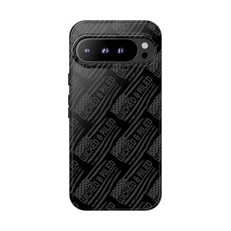 Rugged black protective phone case by Printify featuring a textured "TOUGH CASES" pattern for enhanced grip and durability.