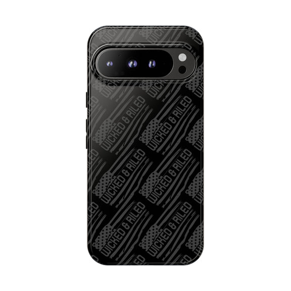 Rugged black protective phone case by Printify featuring a textured "TOUGH CASES" pattern for enhanced grip and durability.