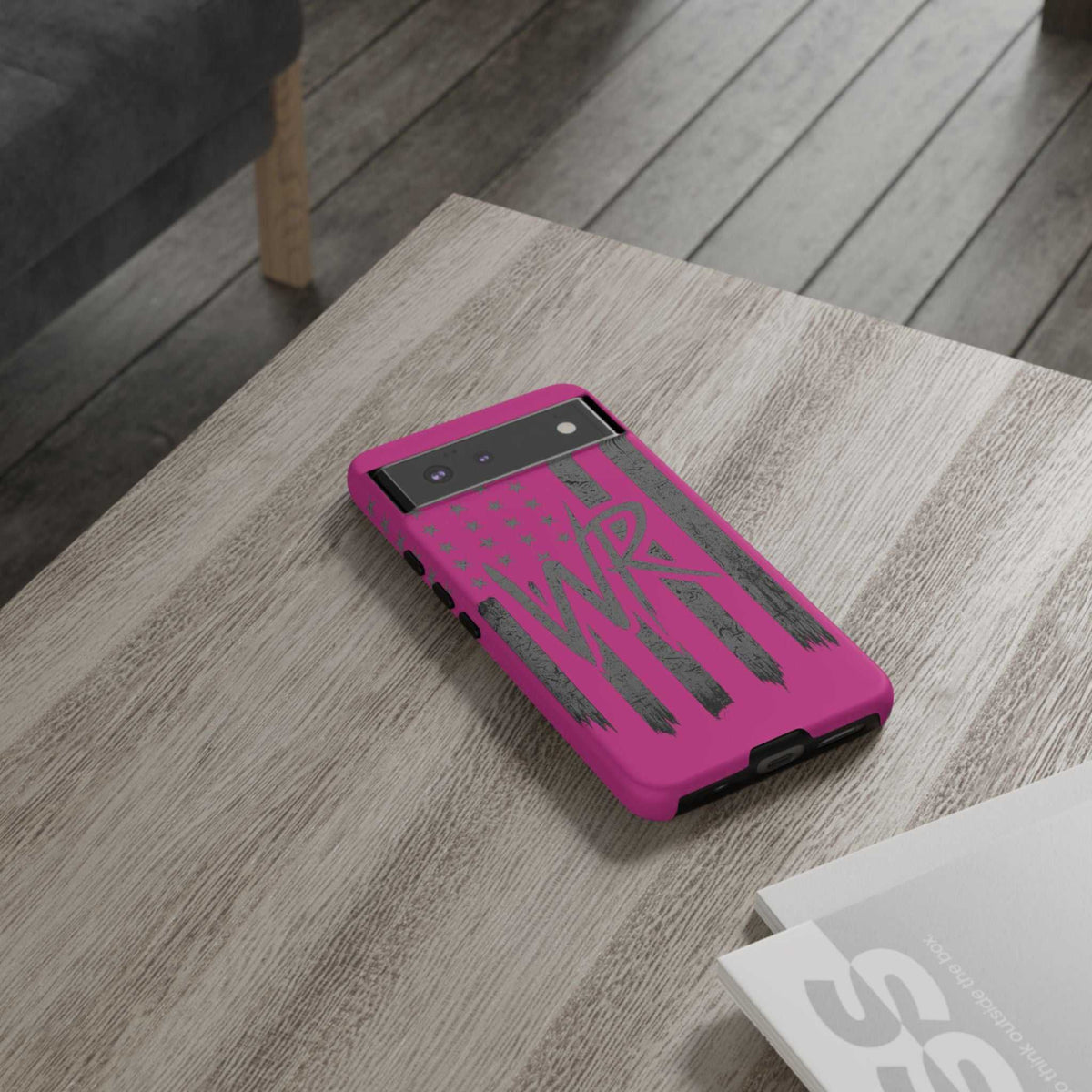 Pink 'WR' Flag Tough Phone Case by Printify, showcasing a durable design with vibrant colors and a snug fit for protection.