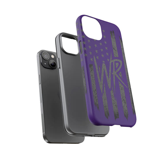 Purple 'WR' flag tough phone case by Printify, showcasing durable design and vibrant colors against a neutral background.