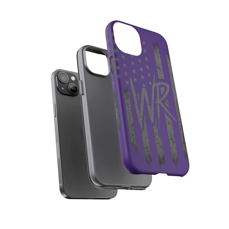 Purple 'WR' flag tough phone case by Printify, showcasing durable design and vibrant colors against a neutral background.