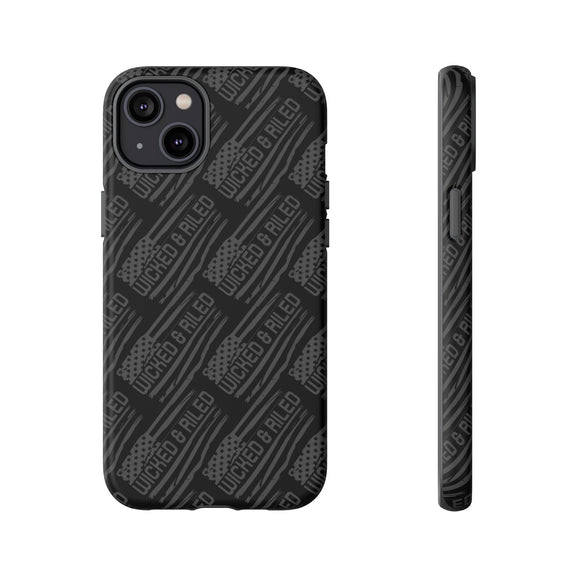Rugged black protective phone case by Printify featuring a textured TOUGH CASES pattern for enhanced grip and durability.