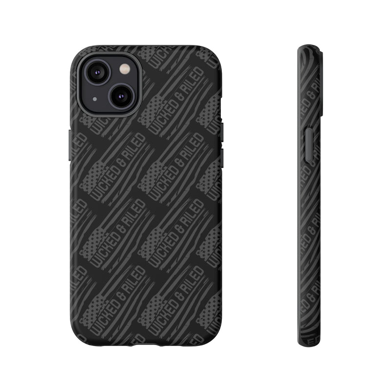 Rugged black protective phone case by Printify featuring a textured TOUGH CASES pattern for enhanced grip and durability.