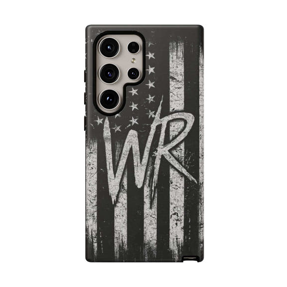 Patriotic monogram tough phone case featuring a distressed American flag design with the initials WR.
