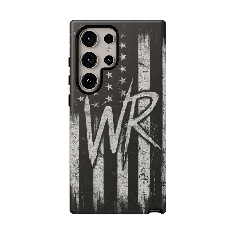 Patriotic monogram tough phone case featuring a distressed American flag design with the initials WR.