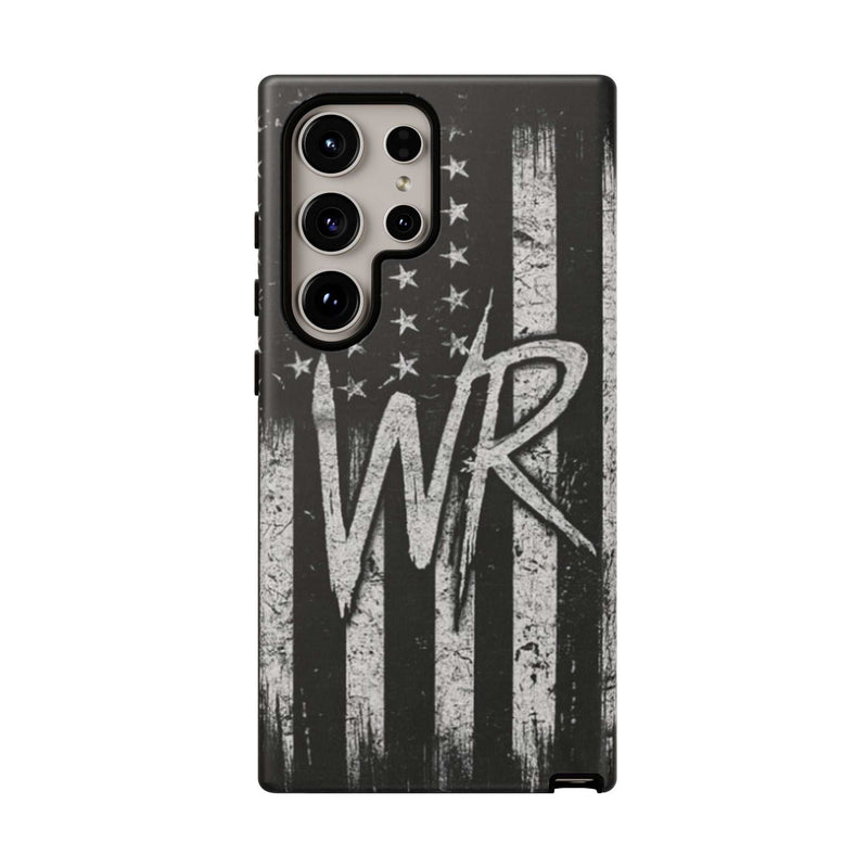 Patriotic monogram tough phone case featuring a distressed American flag design with the initials WR.