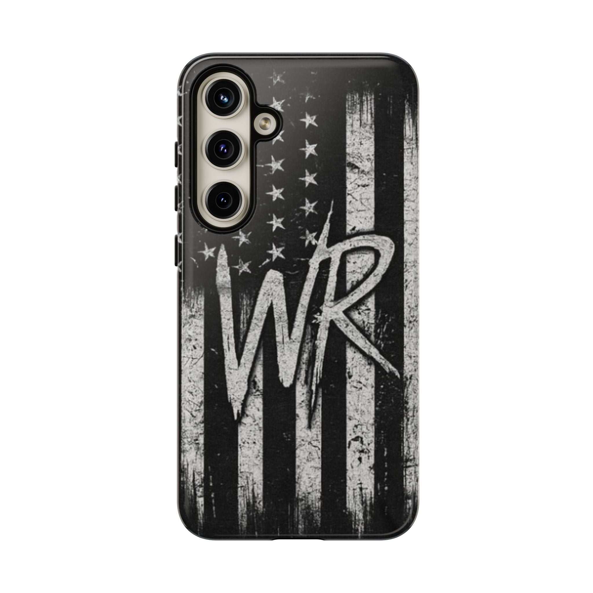Distressed American flag design on a Patriotic Monogram Tough Phone Case featuring the initials WR by Printify.