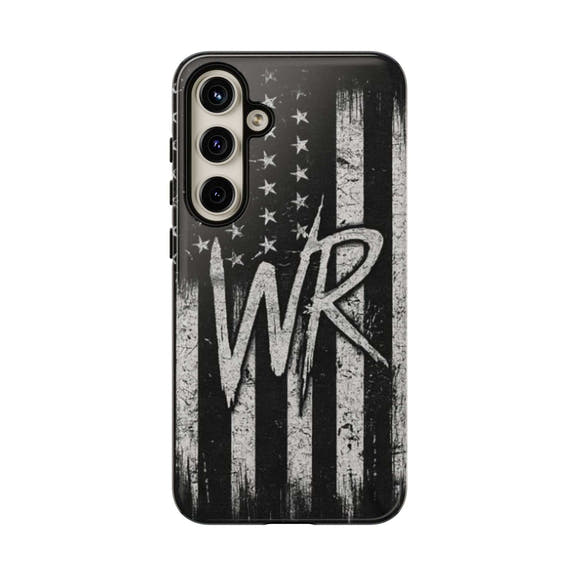 Distressed American flag design on a Patriotic Monogram Tough Phone Case featuring the initials WR by Printify.