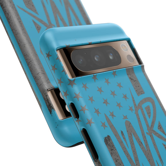 Patriotic blue 'WR' flag tough phone case by Printify with durable design and vibrant colors on a smartphone.
