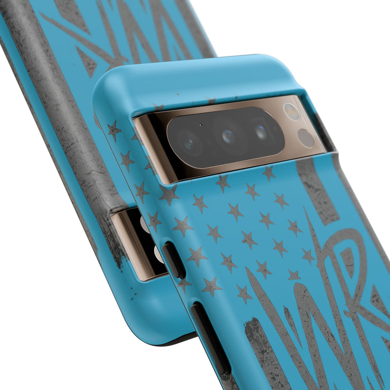 Patriotic blue 'WR' flag tough phone case by Printify with durable design and vibrant colors on a smartphone.