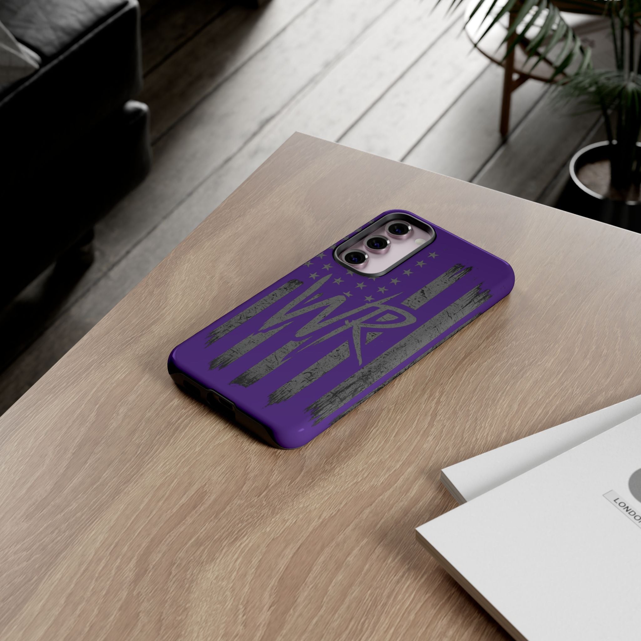 Purple 'WR' flag tough phone case by Printify, showcasing a durable design with a vibrant flag print.
