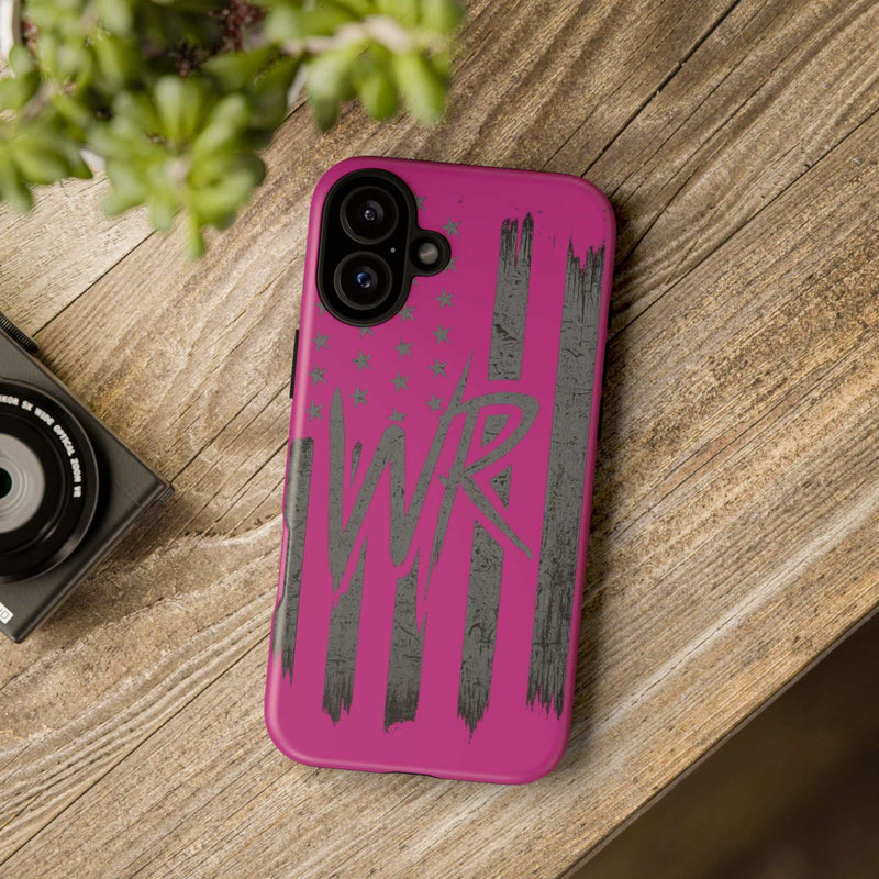 Pink 'WR' Flag Tough Phone Case by Printify, featuring a durable design with a vibrant flag graphic.