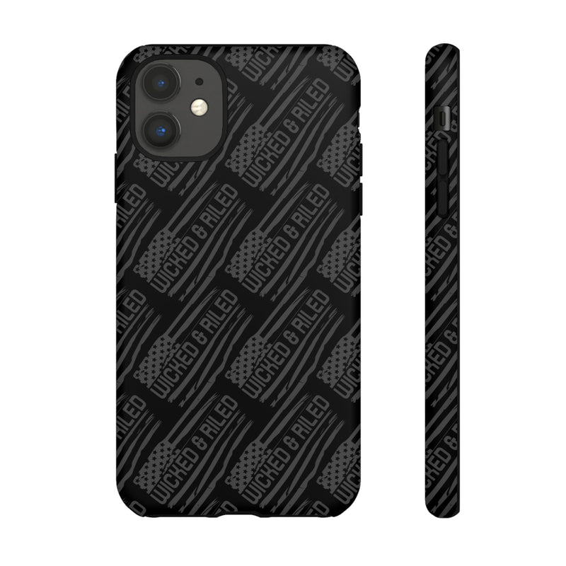 Rugged black protective phone case from Printify featuring a textured TOUGH CASES pattern.