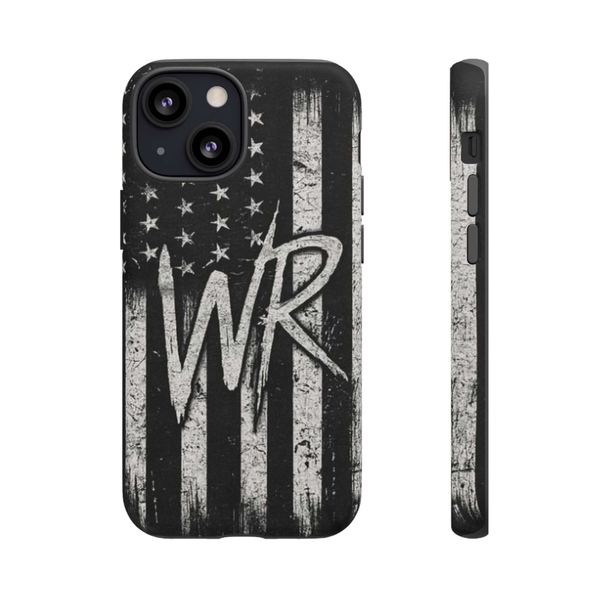 Patriotic monogram tough phone case featuring a distressed American flag design with the initials WR.