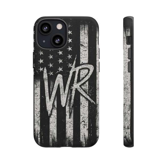 Patriotic monogram tough phone case featuring a distressed American flag design with the initials WR.