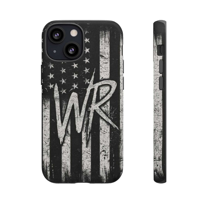 Patriotic monogram tough phone case featuring a distressed American flag design with the initials WR.