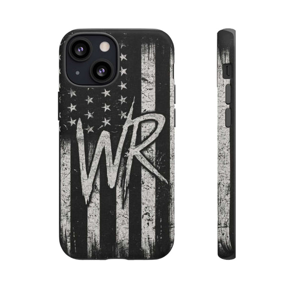 Patriotic monogram tough phone case featuring a distressed American flag design with the initials WR.