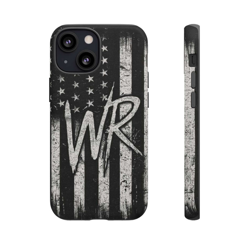 Patriotic monogram tough phone case featuring a distressed American flag design with the initials WR.
