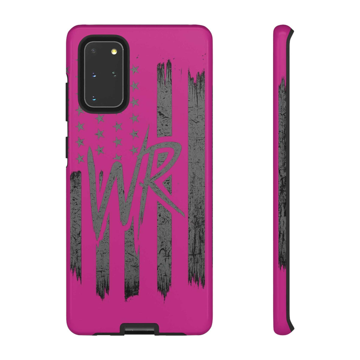 Pink 'WR' Flag Tough Phone Case by Printify featuring a durable design with a vibrant flag pattern.