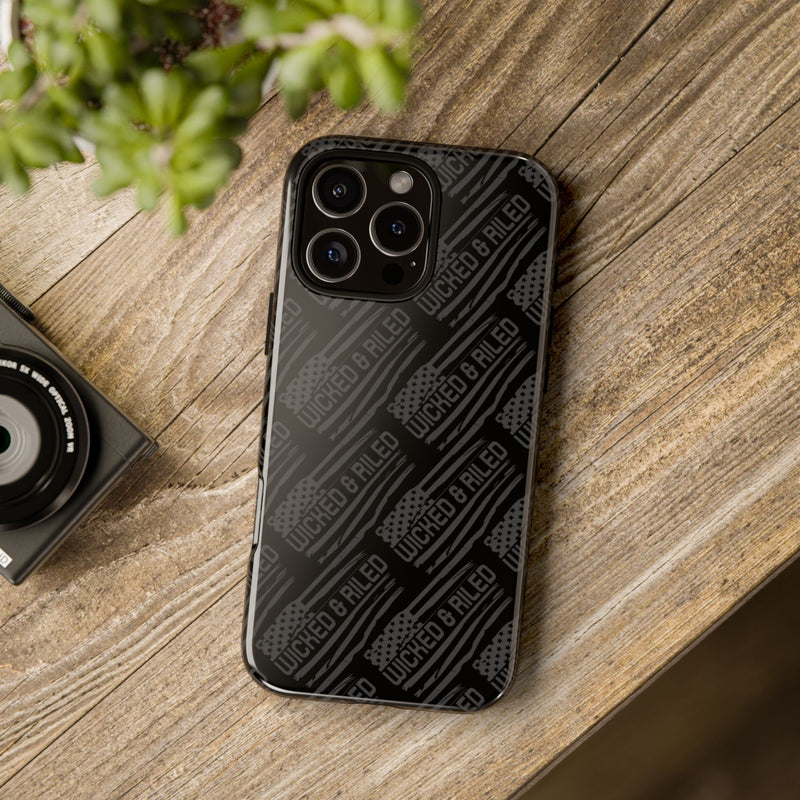 Rugged black protective phone case with "TOUGH CASES" text pattern from Printify, designed for durability and style.