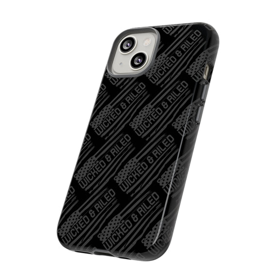Rugged black protective phone case from Printify with a textured "TOUGH CASES" pattern for enhanced grip and durability.