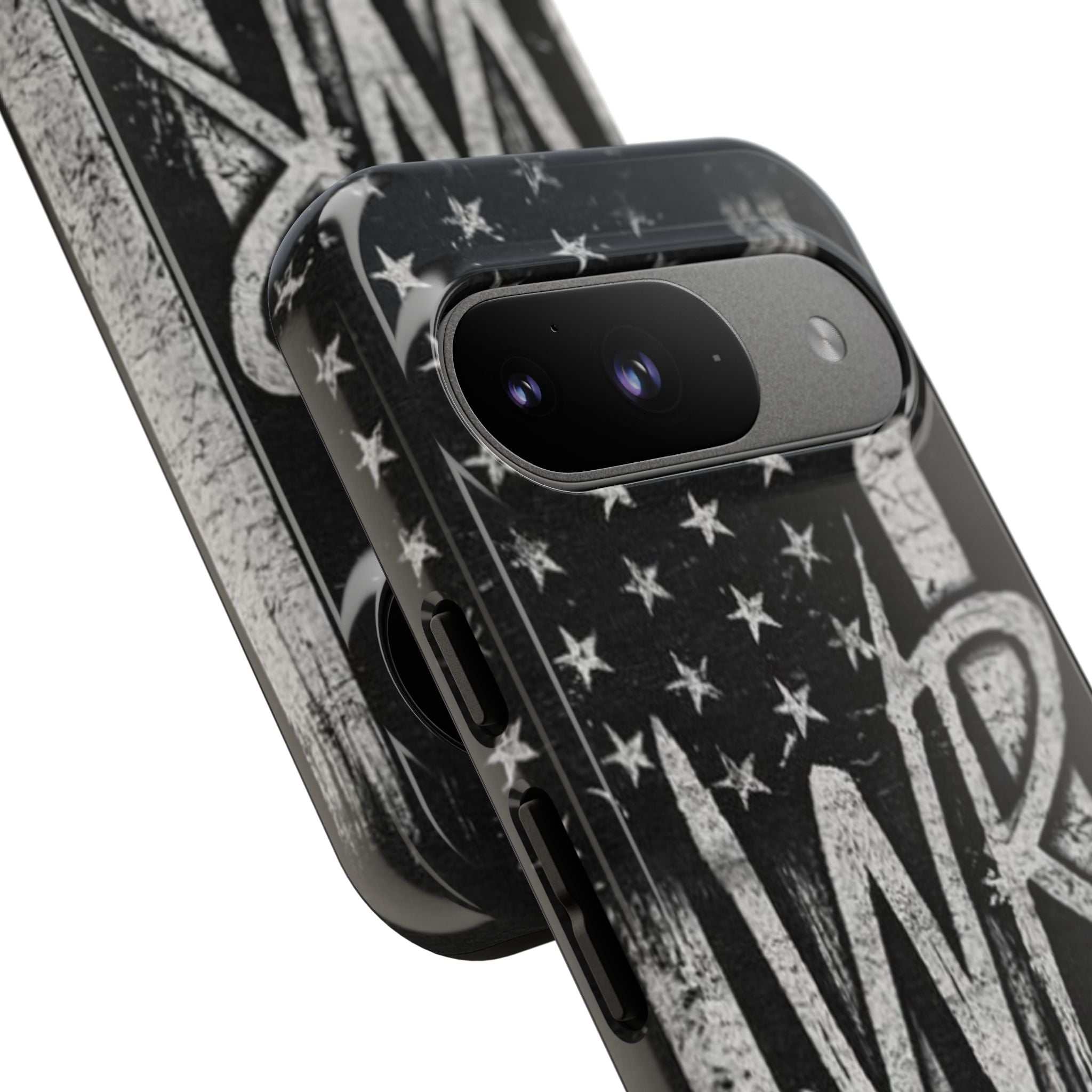Distressed American flag design on a Patriotic Monogram Tough Phone Case featuring the initials WR by Printify.