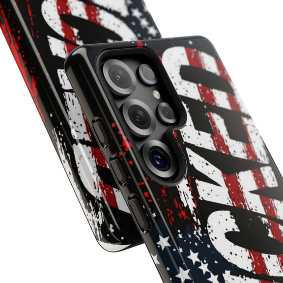 Distressed American flag phone case with "VETERAN" graphic, showcasing rugged protection by Printify.