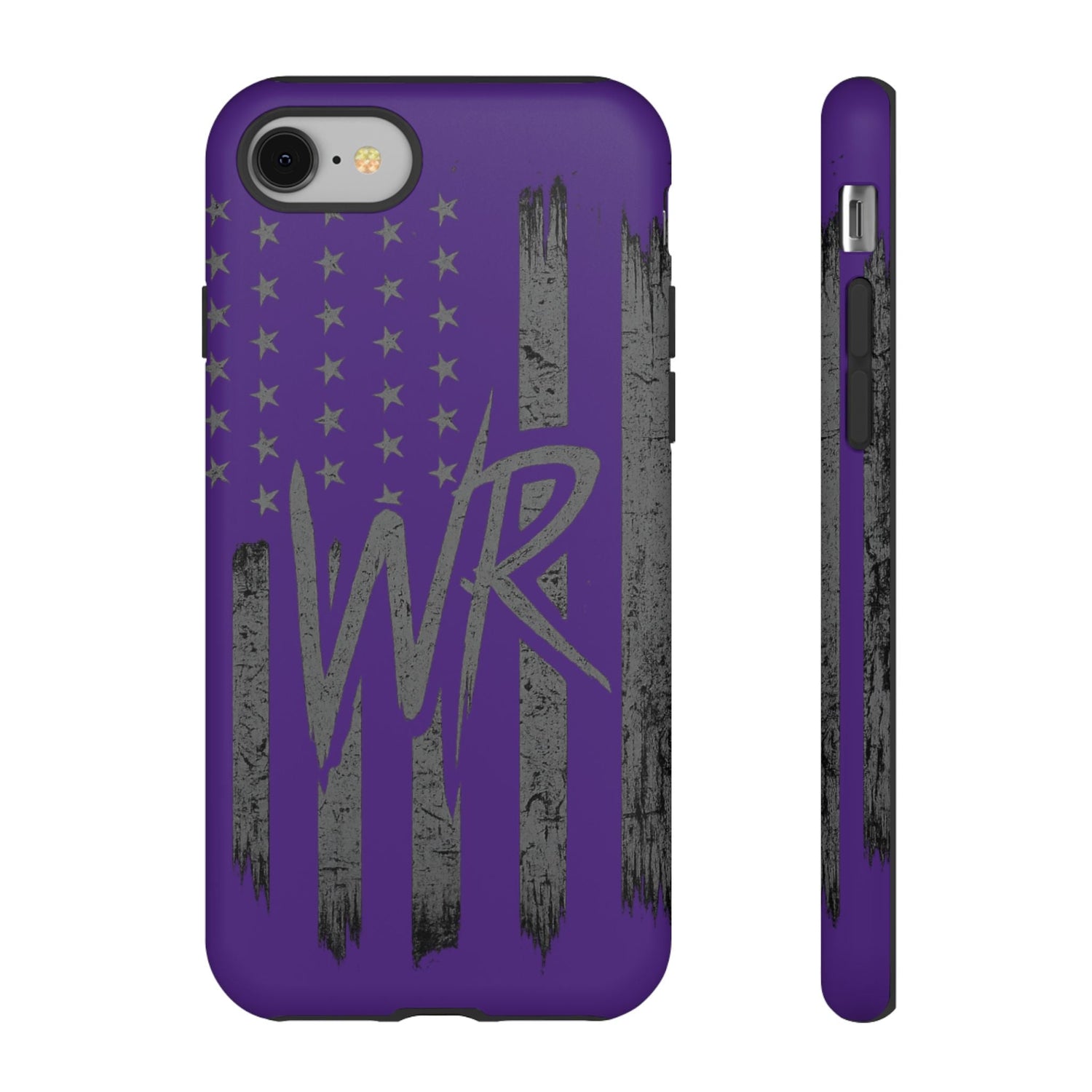 Purple 'WR' flag tough phone case by Printify, featuring durable design and vibrant colors for added protection.