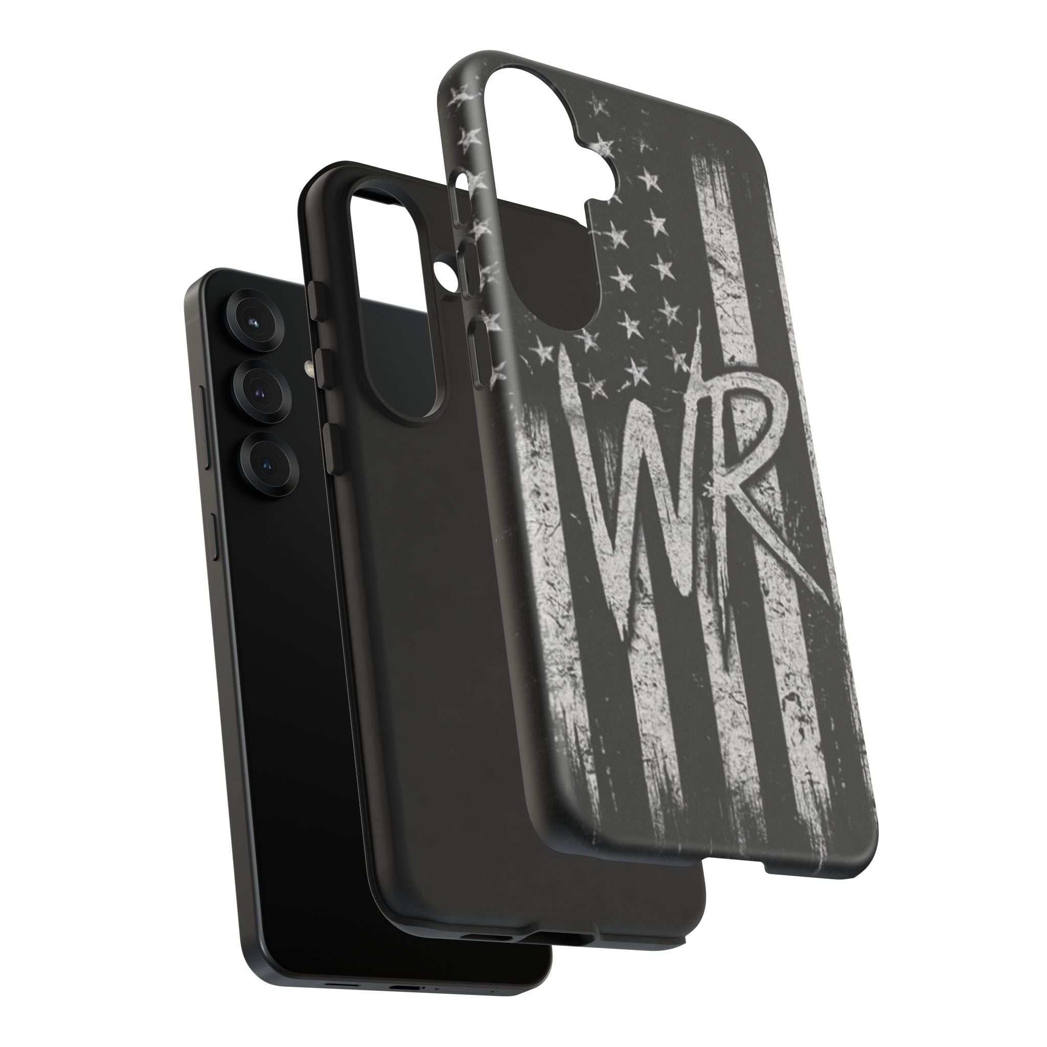 Patriotic monogram tough phone case featuring a distressed American flag design with the initials WR.
